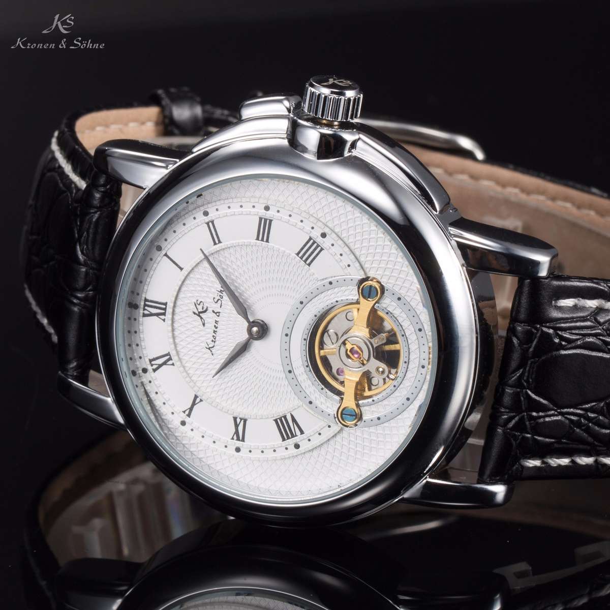 KRONEN & SOHNE "Circulus" Navi Balance Wheel Leather Watch w/ BOX AND PAPERS