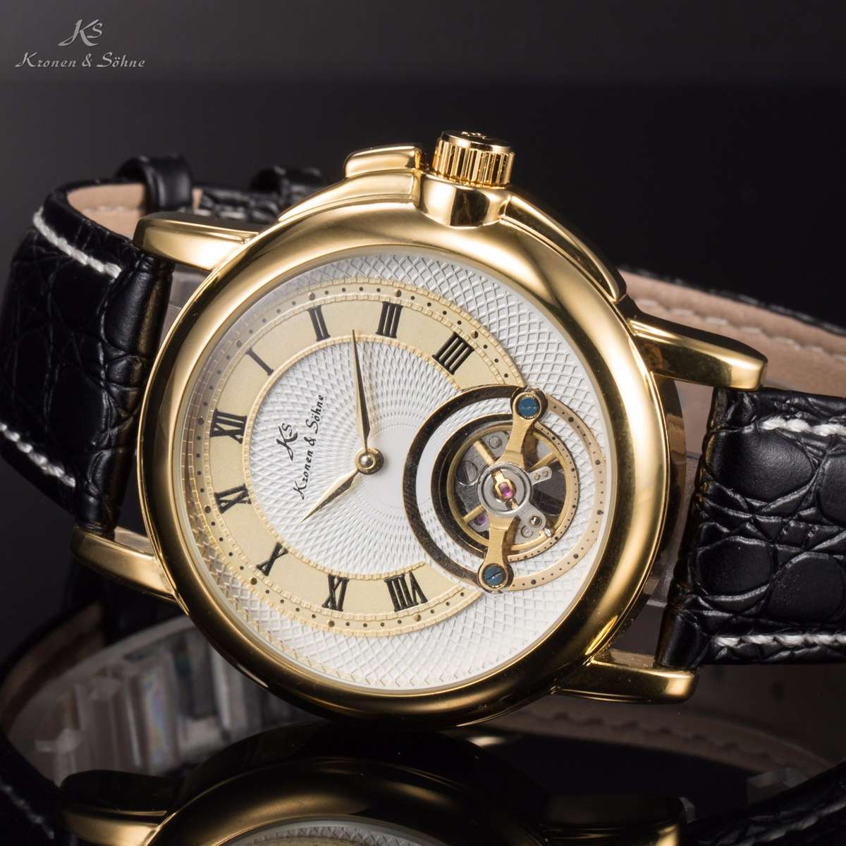 ends @ 1:45pm!! KRONEN & SOHNE "Circulus" Navi Balance Wheel Leather Watch w/ BOX AND PAPERS