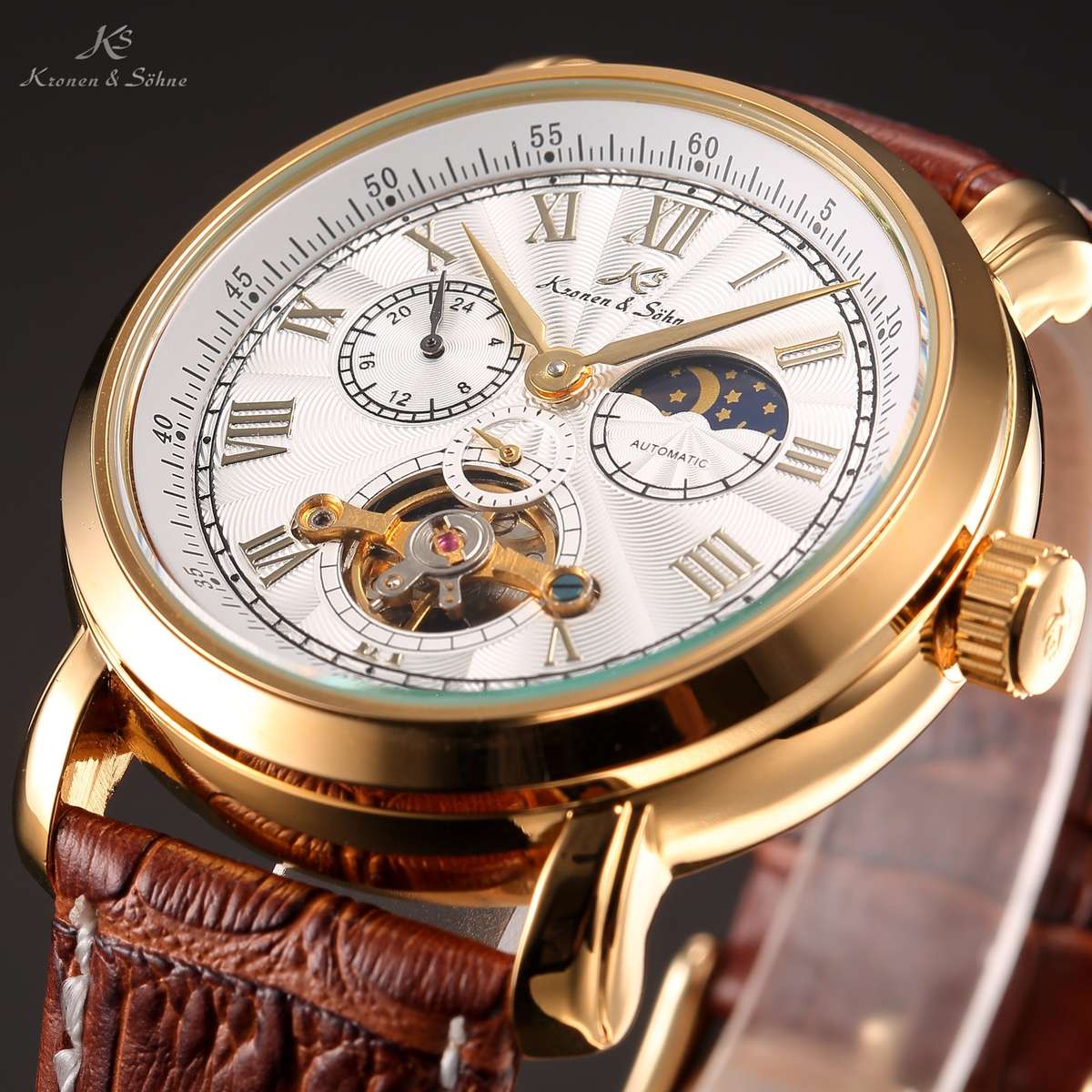 KRONEN & SOHNE Moonphase Skeleton Tourbillon Chrono Watch Brand new w/ BOX, PAPERS