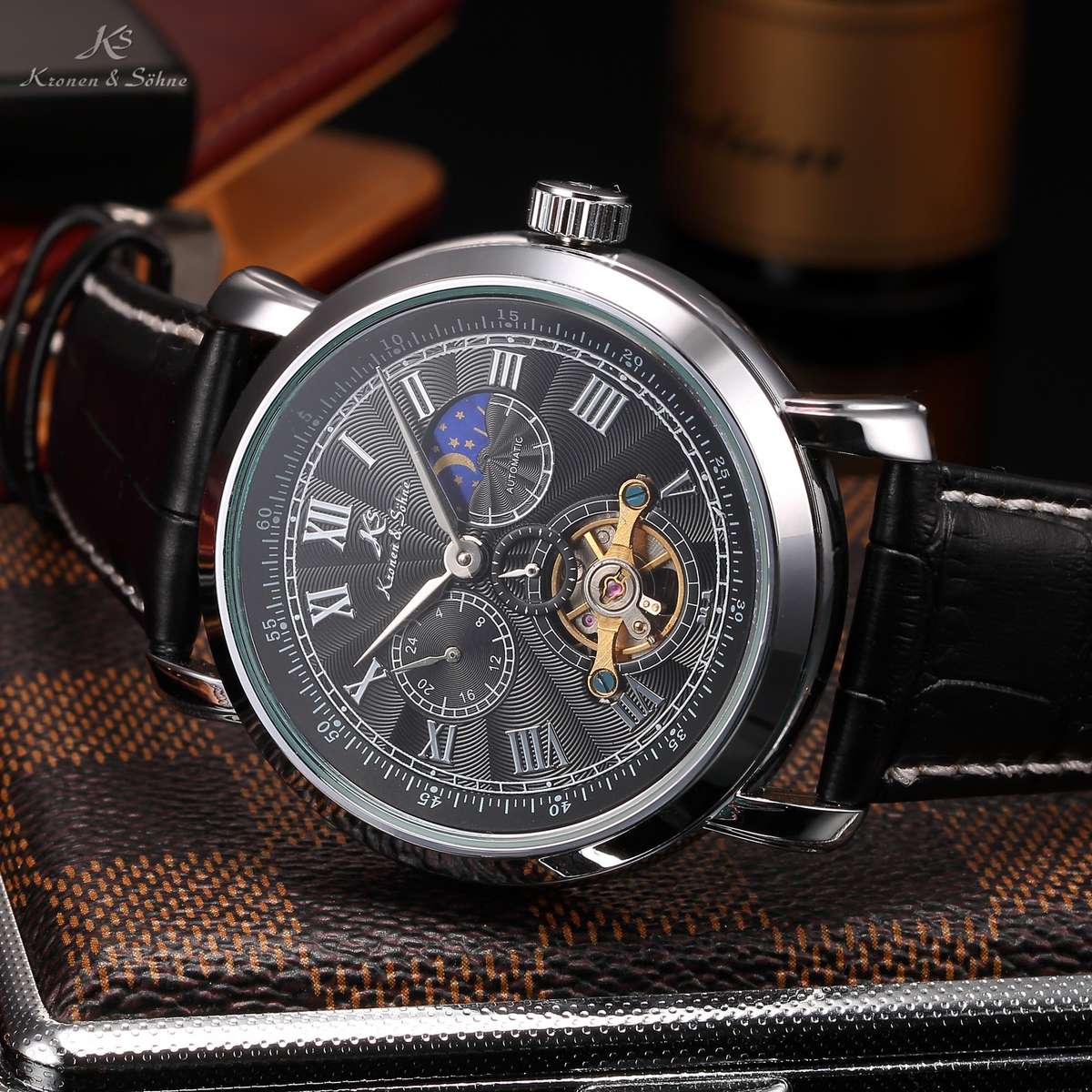 brand new!! KRONEN & SOHNE Moonphase Skeleton Tourbillon Chrono Watch w/ BOX, PAPERS