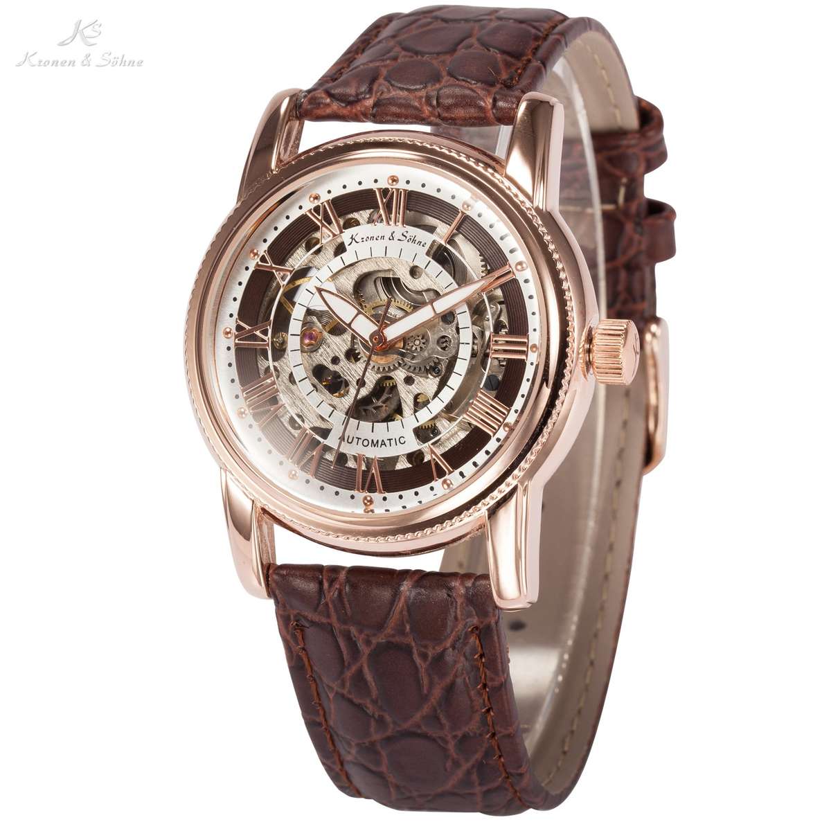 KRONEN & SOHNE Leather Skeleton Automatic Watch NEW w/ box, papers