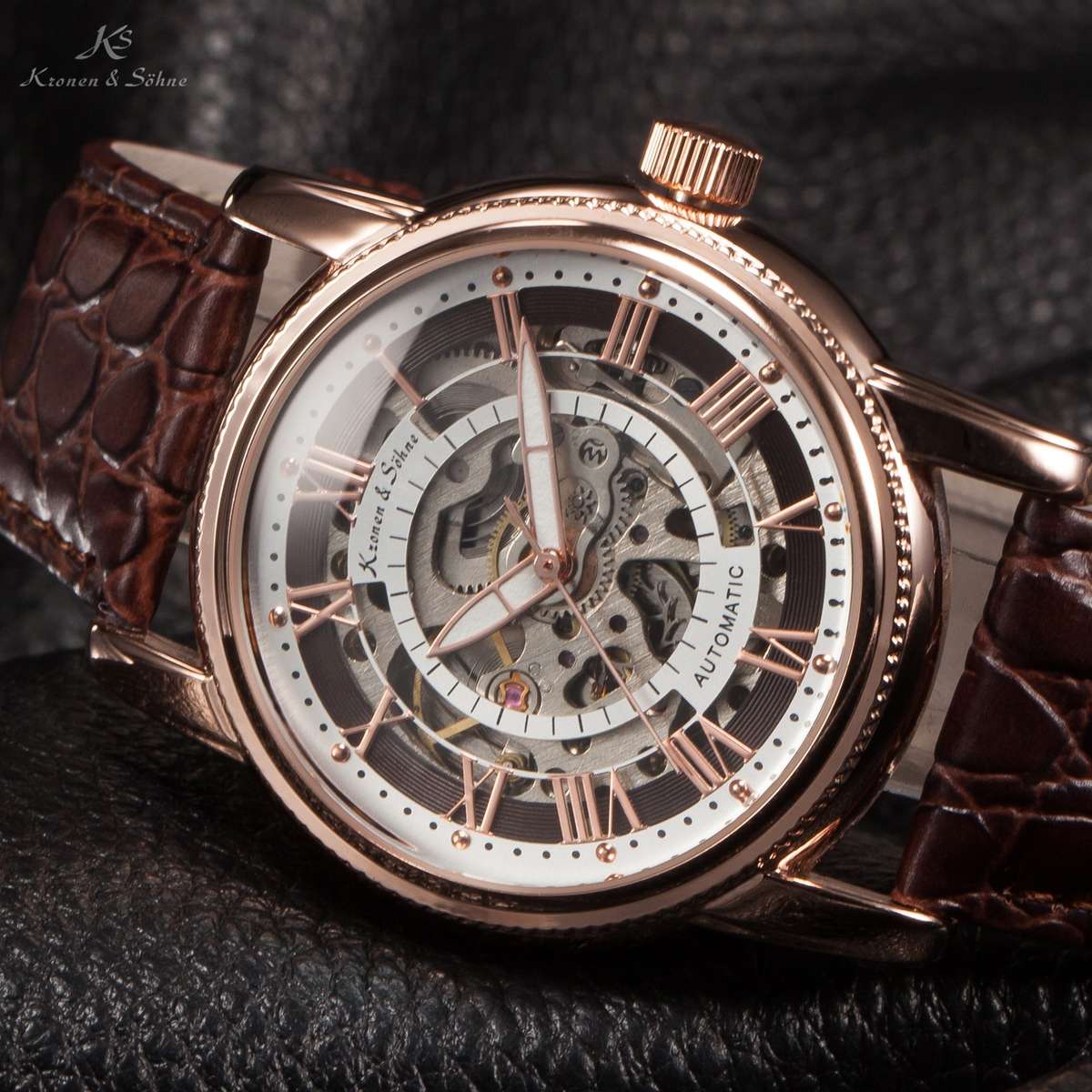 KRONEN & SOHNE Leather Skeleton Automatic Watch NEW w/ box, papers