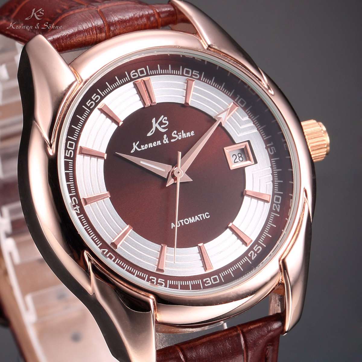 brand new!! KRONEN & SOHNE 3H Brown Rose Gold pl Watch w/ BOX, PAPERS