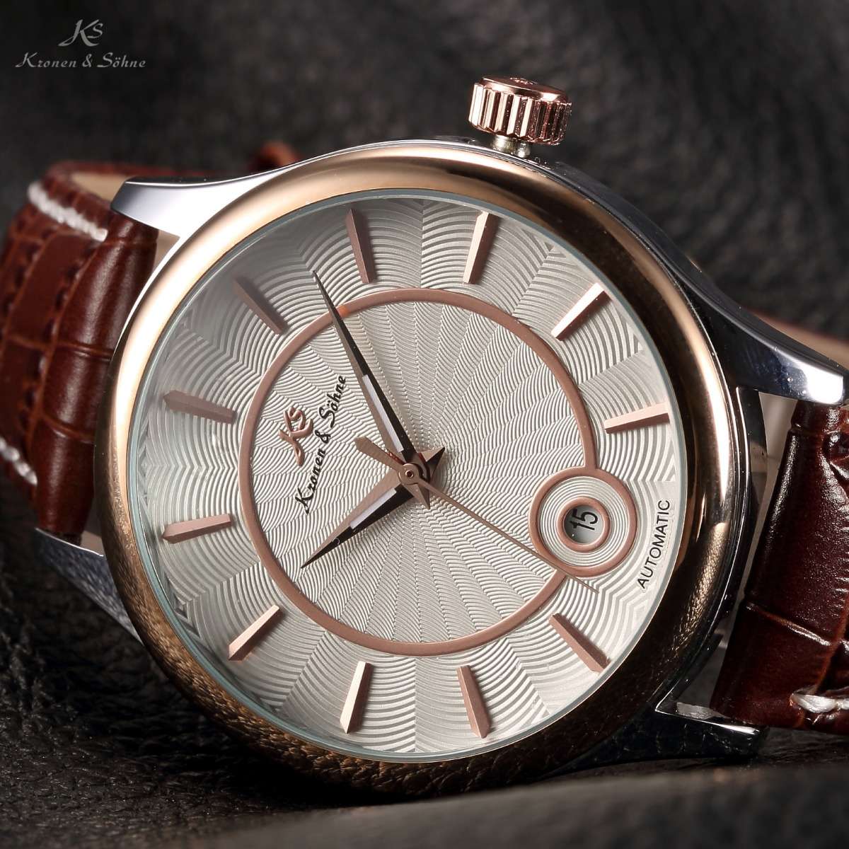 KRONEN & SOHNE Classic 3H Leather Chronograph AUTOMATICO Watch w/ BOX AND PAPERS