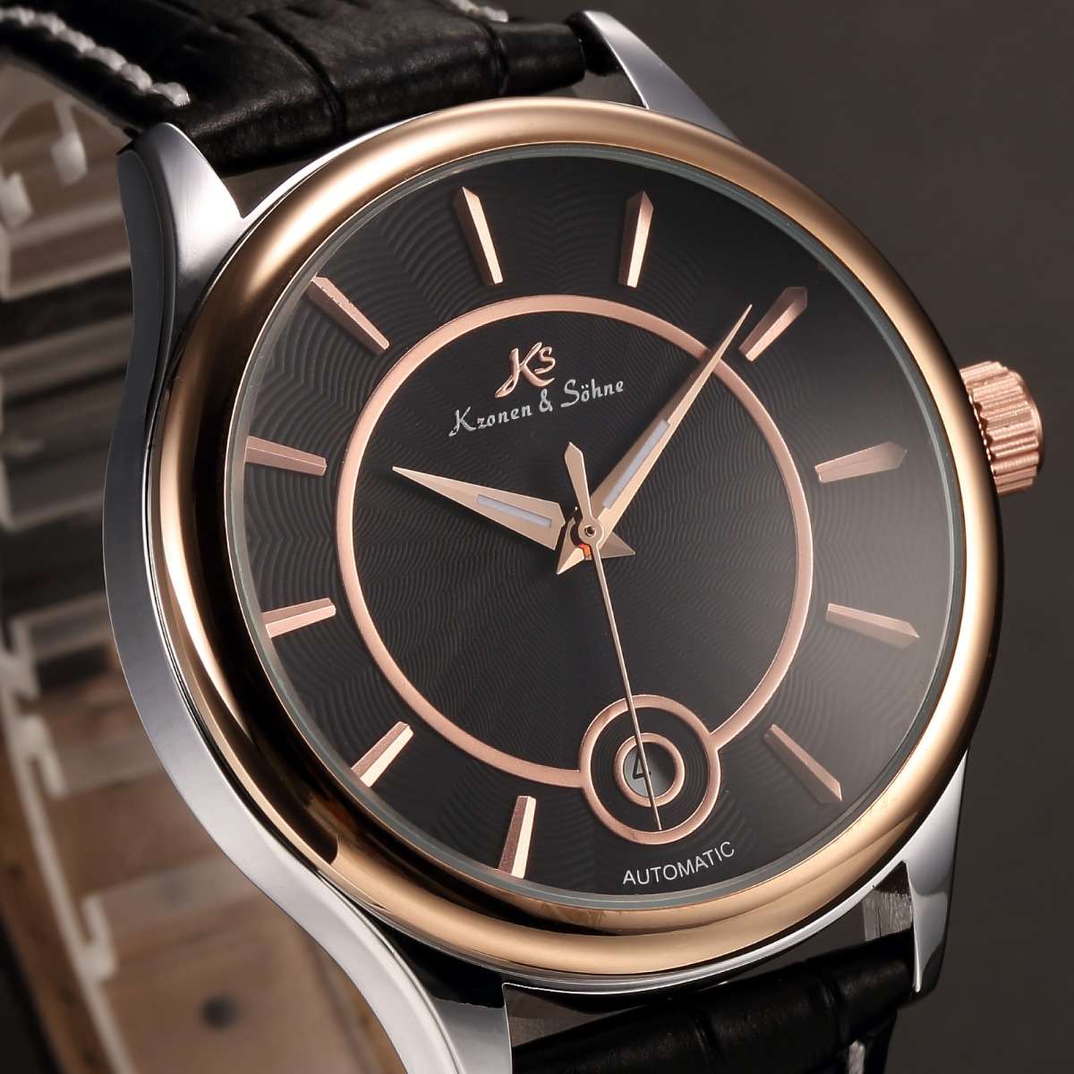 KRONEN & SOHNE Classic 3H Leather Chronograph AUTOMATICO Watch w/ BOX AND PAPERS