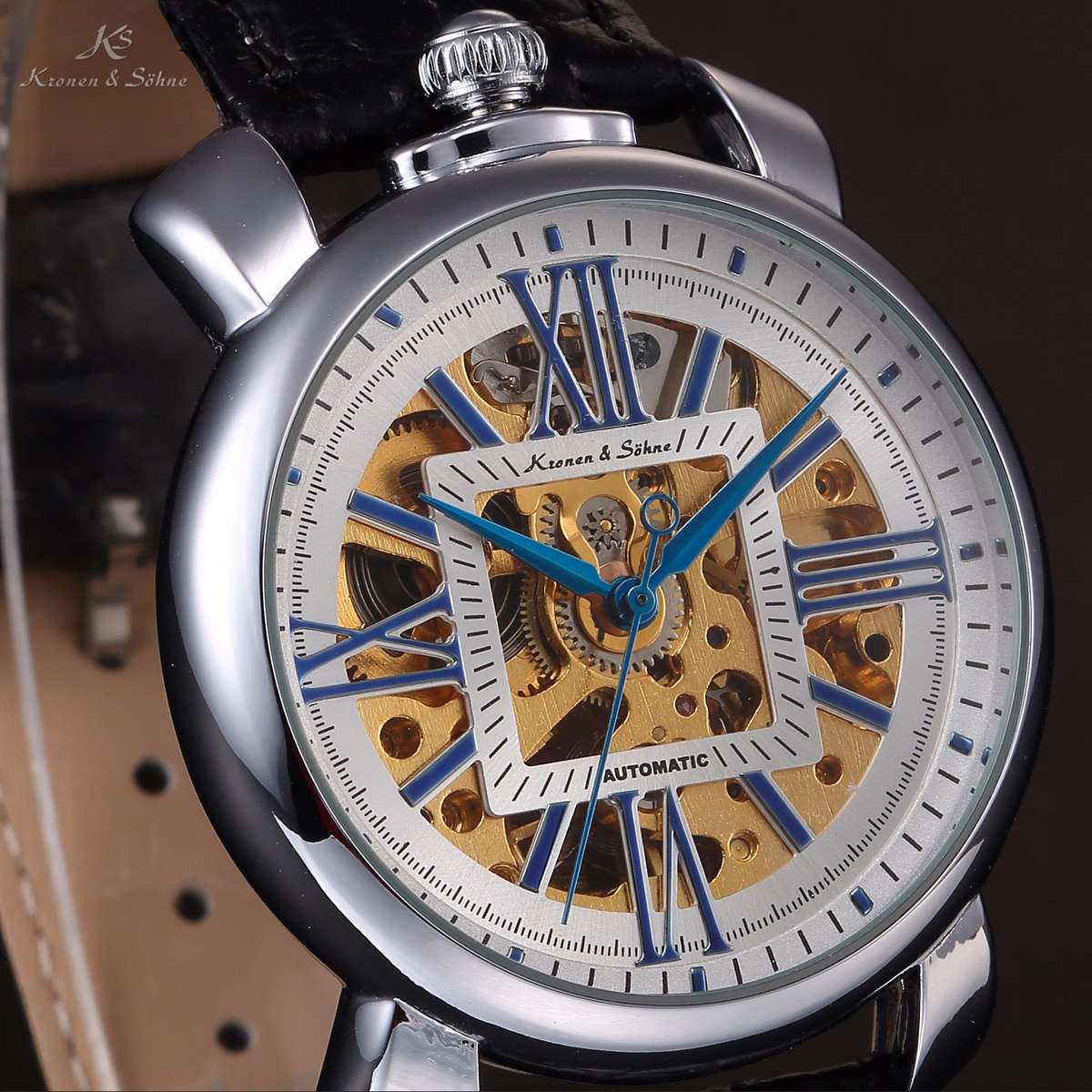 brand new!! KRONEN & SOHNE Aurora Automatic Mechanical Leather Watch w/ BOX and PAPERS