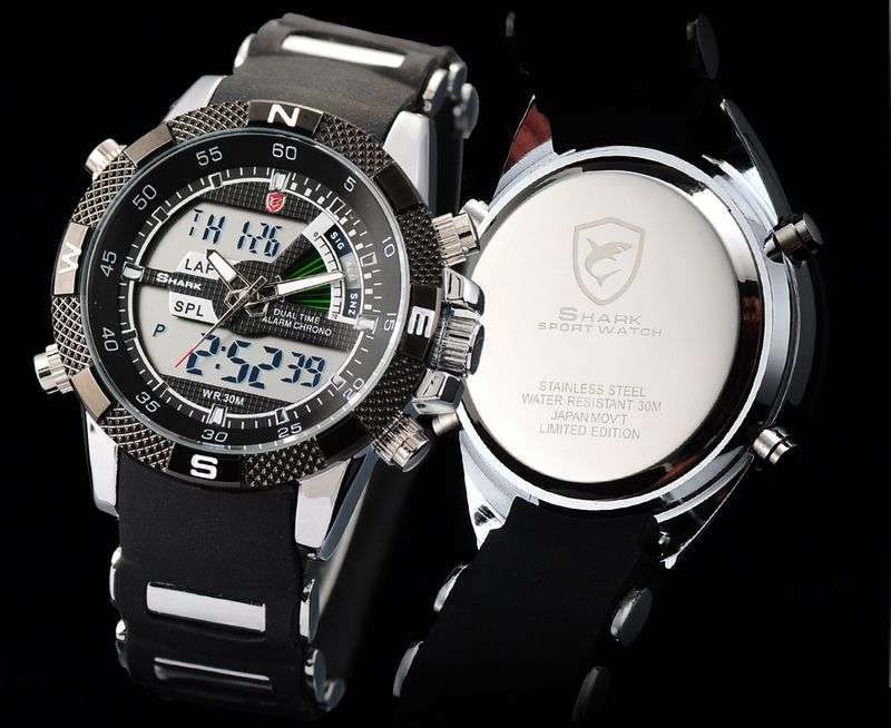 SHARK LCD DIGITAL DATE CHRONOGRAPH QUARTZ MEN BLACK DIAL FABULOUS SPORT WATCH