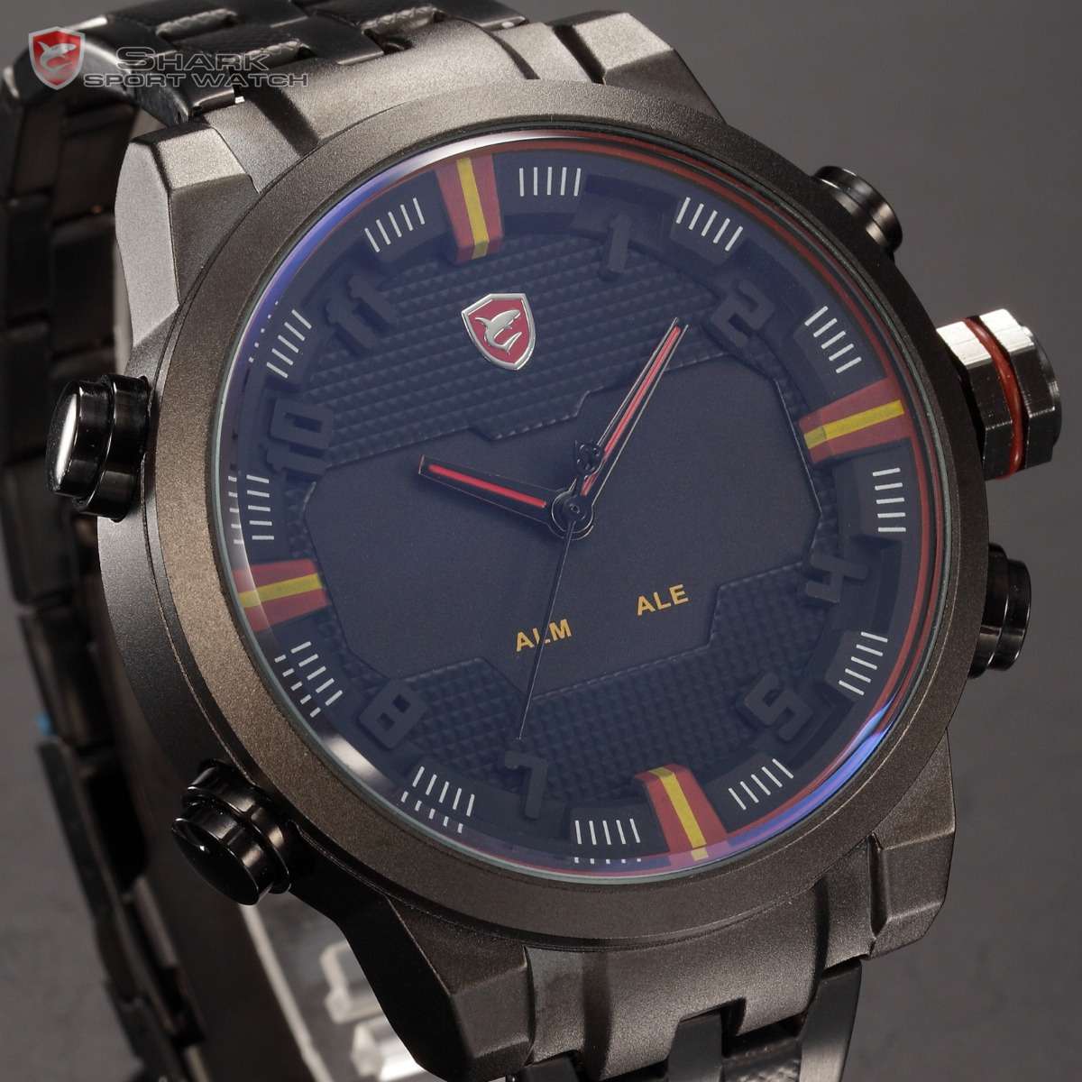 SHARK Sawback Angelshark BLACK ION Dual LED Stopwatch CHRONOGRAPH WATCH W/ BOX, PAPERS, LOADED!!