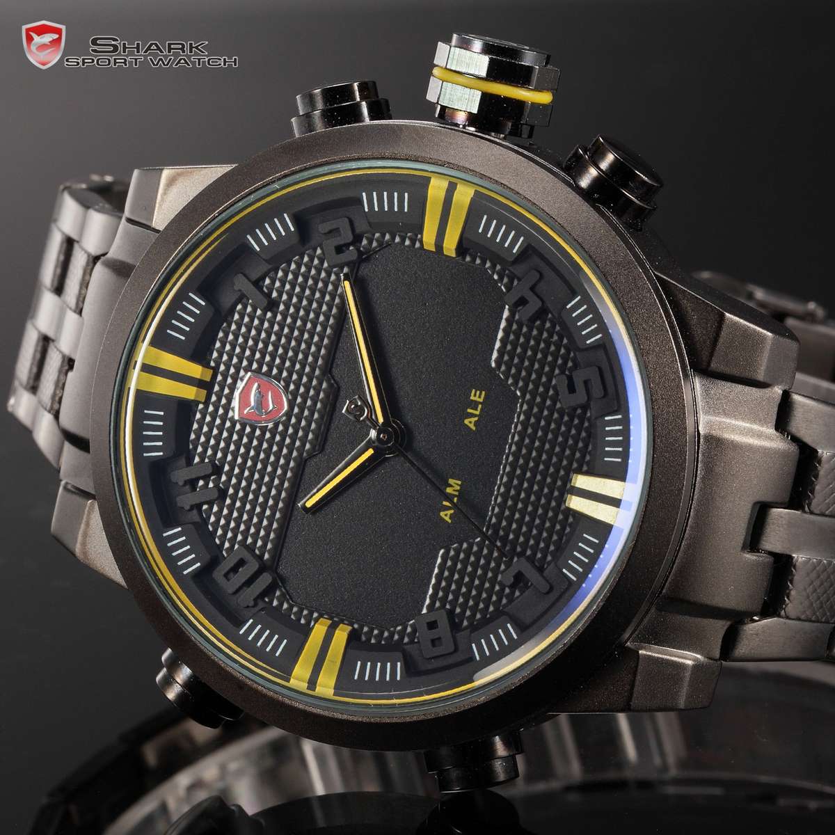 SHARK Sawback Angelshark BLACK ION Dual LED Stopwatch CHRONOGRAPH WATCH W/ BOX, PAPERS, LOADED!!