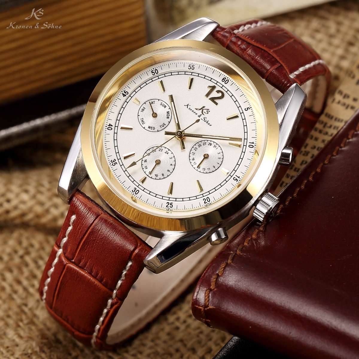 KRONEN & SOHNE Imperial Commander Brown Leather Automatic Chronograph Watch w/ BOX, PAPERS