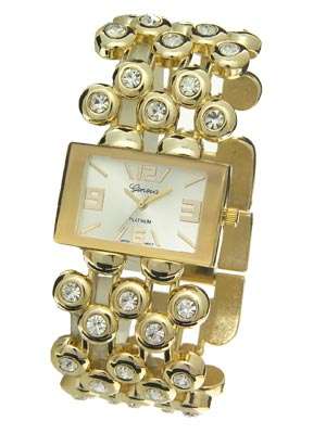 Mod Style Metal Band Bracelet-Watch with Multiple Simulated Diamonds