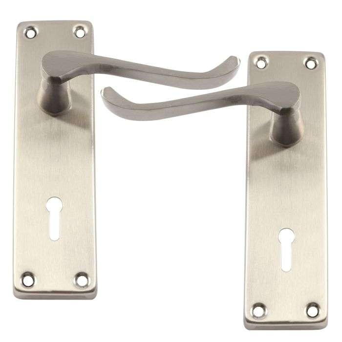 L&B Satin Nickel Keyhole 6" Victorian Scroll Lever Handle On Backplate