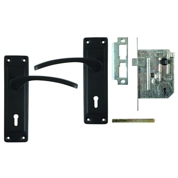 Fort Knox Matt Black Anouk 6 Inch Lever Handle On Backplate 2 Lever Lockset