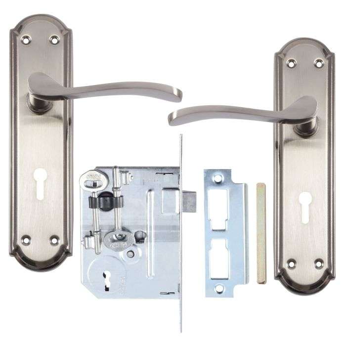Fort Knox Stain Nickel Ballerin Lever Handle On Backplate 3 Lever Lockset