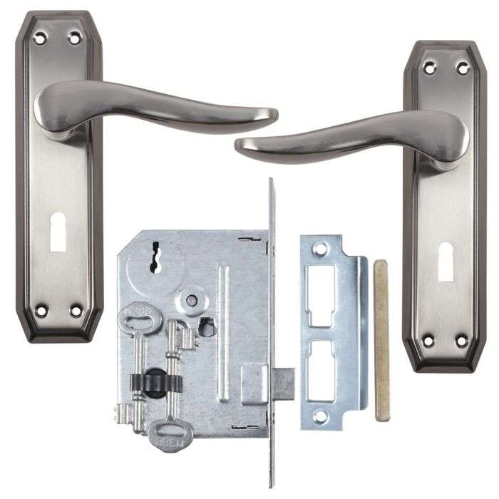 Fort Knox Stain Nickel Martagon Lever Handle On Backplate 3 Lever Lockset