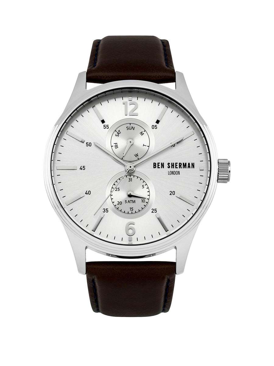 Silver Sunray Multi Dial Brown Genuine Leather Strap Mens Watch