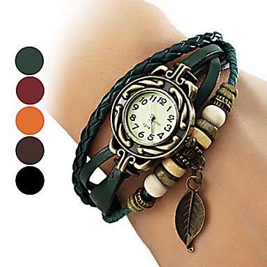 Women's Watch Bohemian Leaf Pendant Leather Weave Bracelet