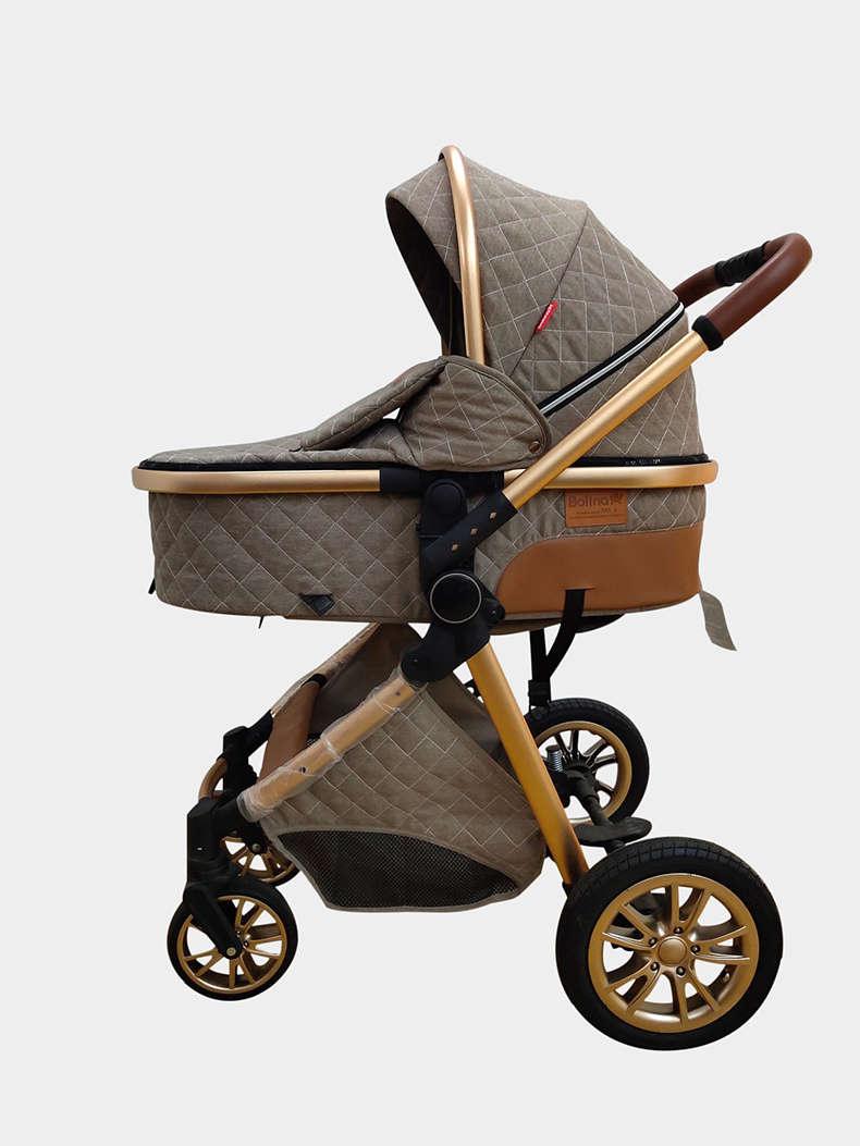 Multi-Functional 3 in 1 High Eggshell Pram and Folding Baby Stroller- navy blue-Brown-Beige