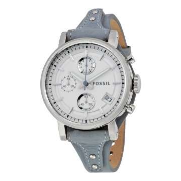 Fossil Original Boyfriend White Silver Dial Chronograph Blue Leather Ladies Watch