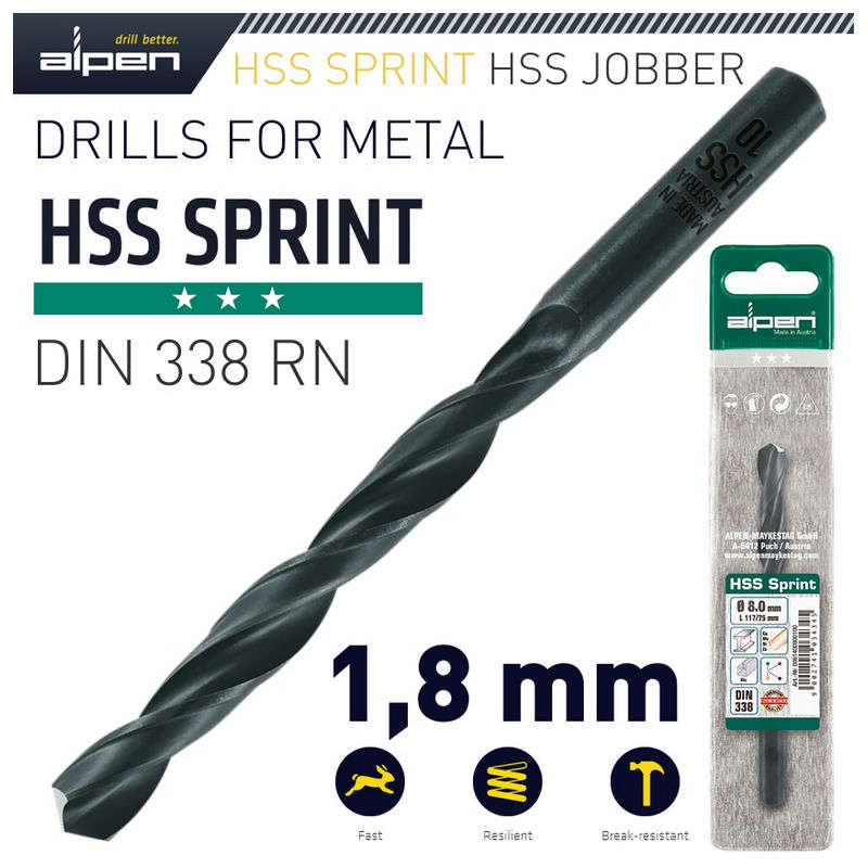 Alpen HSS Sprint Drill Bit 1.8mm 1/Pack