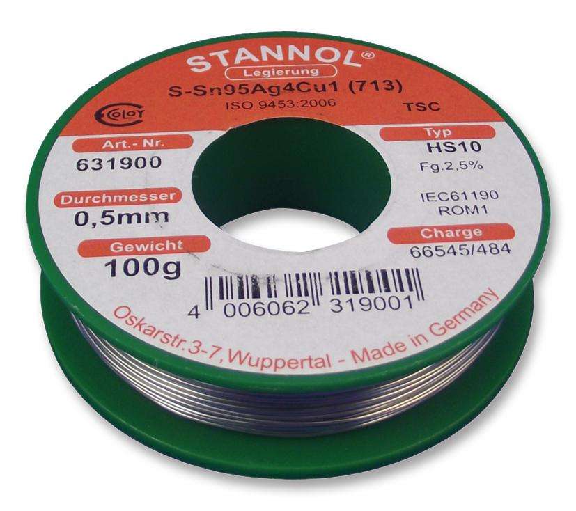 Stannol (631900) Solder Wire, 95.5/3.8/0.7, 0.5mm Diameter, 217°C, 100g