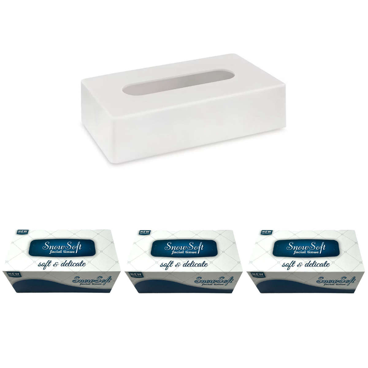 Acrylic Tissue Box Cover + Snowsoft Facial Tissues 180s - 3 Pack