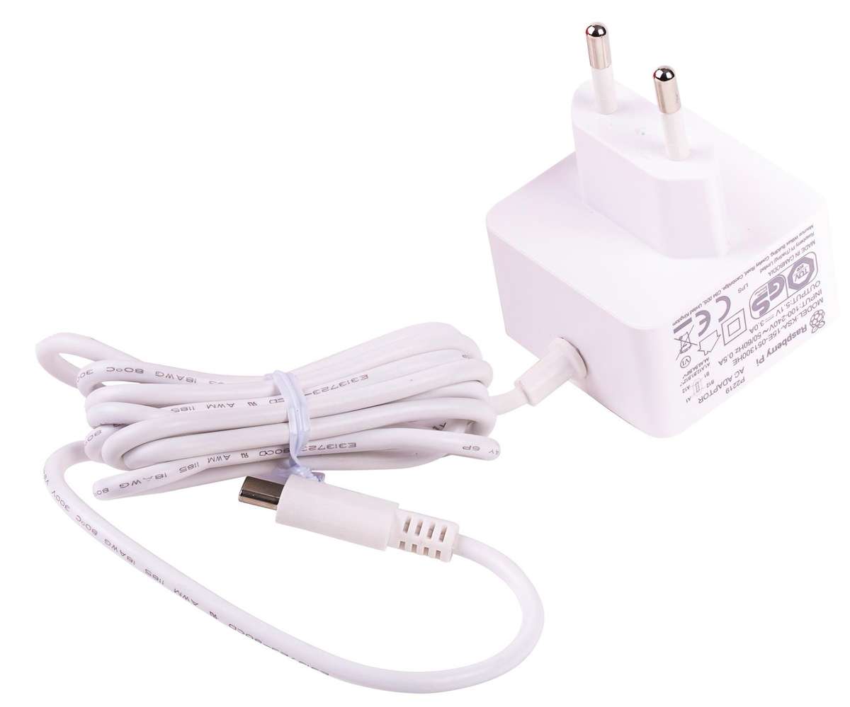 Raspberry Pi 4 Model B Official PSU, USB-C, 5.1V, 3A, EU Plug - White