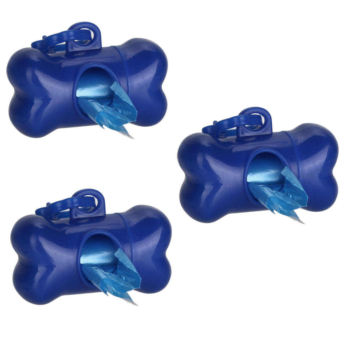 3 x Dog Poop Poo Plastic Bags Set for Pet Walking - Blue- Bone Shape Holder