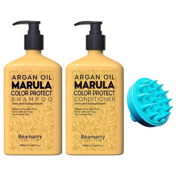 Beamarry Argan Oil Marula Colour Protect Kit + Silicone Shampoo Brush(Blue)