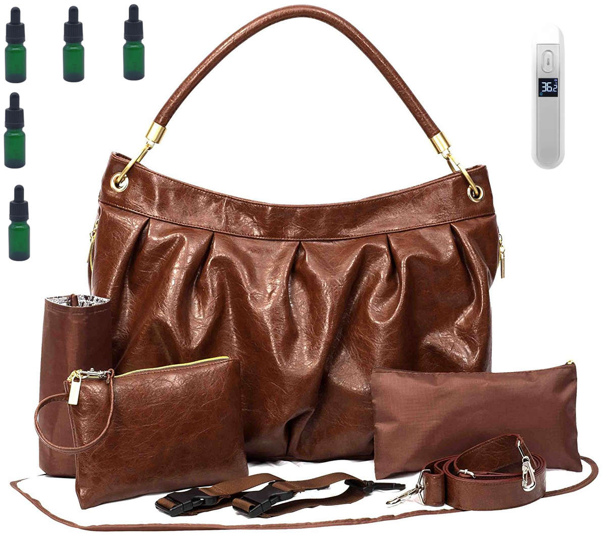 Newborn Baby Essential Kit W Brown Nappy Bag, Thermometer, Medicine Bottle