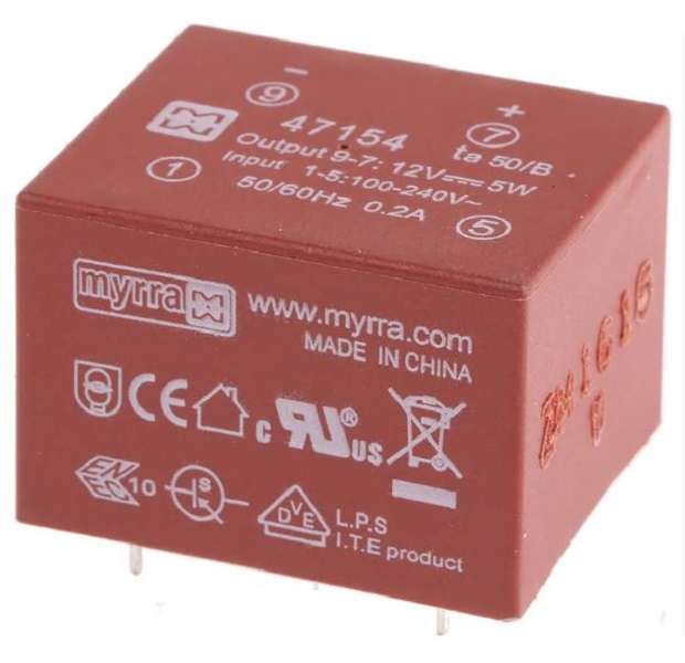 Myrra (47154) AC/DC PCB Mount Power Supply (PSU), 5 W, 12 V, 420 mA