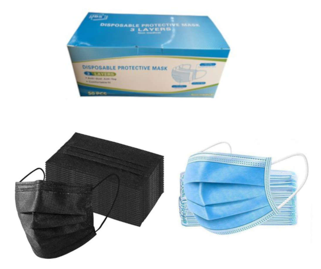 10 Box Each of 50 - 3 Ply Disposable Face Cover Mask - Blue & Black