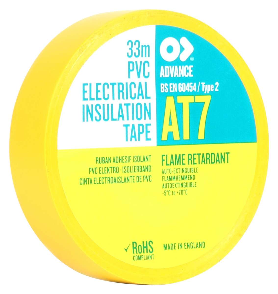 Advanced Tapes (AT7 YELLOW 33M X 19MM) Electrical Insulation Tape, 19mmx33m