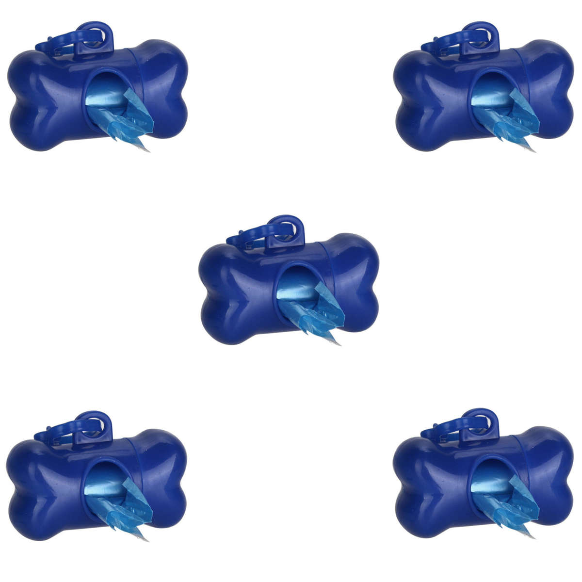 5 x Dog Poop Poo Plastic Bags Set for Pet Walking - Blue - Bone Shape Holder
