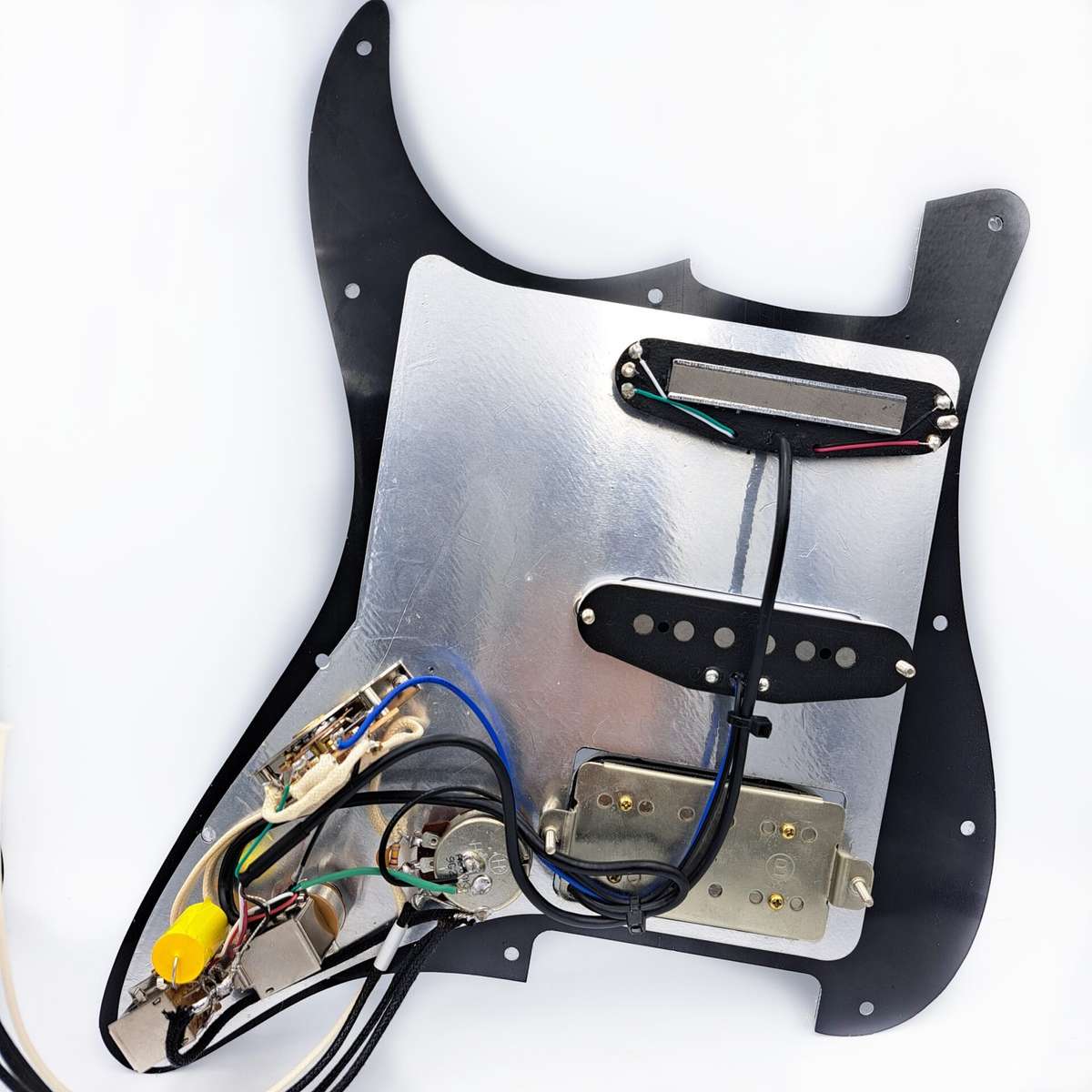 Loaded Prewired Pickguard with Humbucker, Single Coil and Dual Rail Pickups Black with Ivory