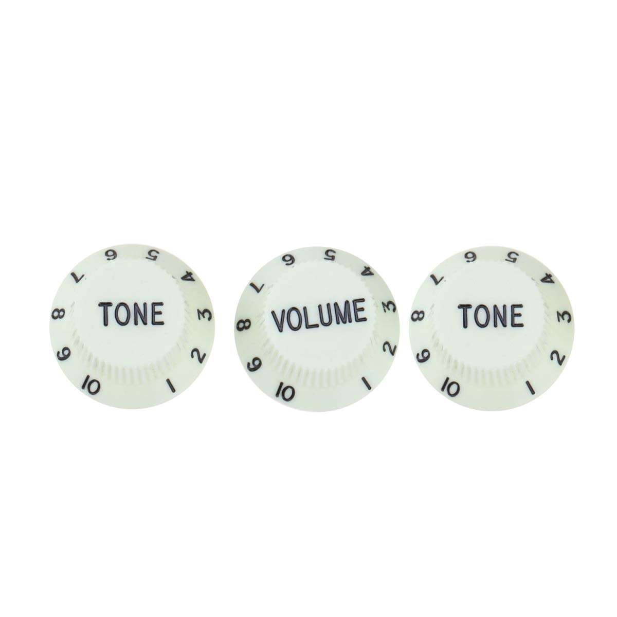 White with Black Writing Strat style replacement knobs - 1 Volume, 2 tone