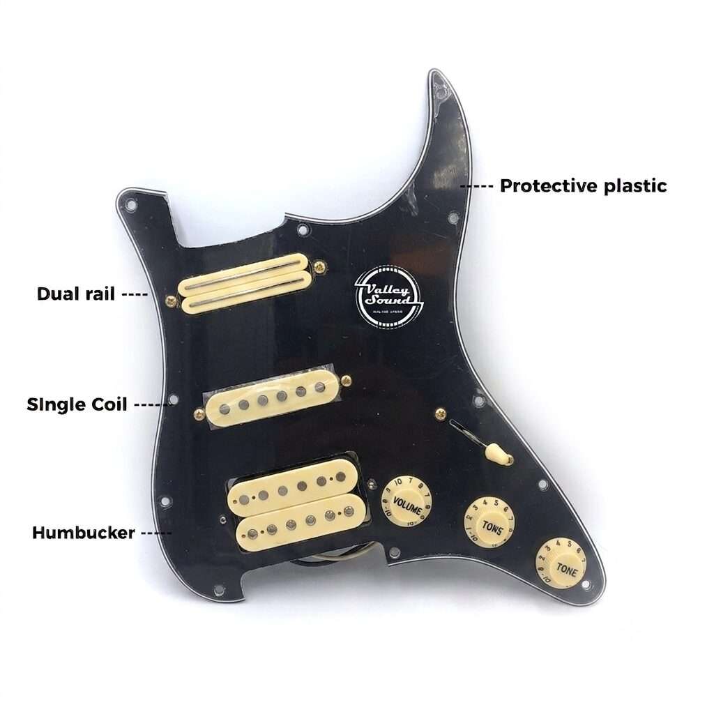 Loaded Prewired Pickguard with Humbucker, Single Coil and Dual Rail Pickups Black with Ivory