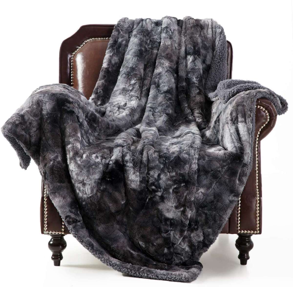 Luxury Reversible Sherpa Fleece Mink Throw Blanket - Charcoal Grey