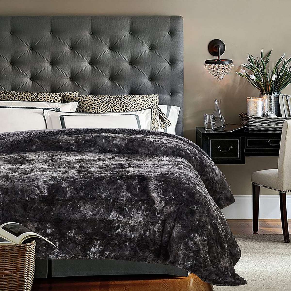 Luxury Reversible Sherpa Fleece Mink Throw Blanket - Charcoal Grey