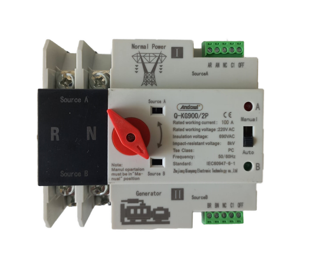 SJ066D  Andowl Protection - Auto/Manual Change Over Switch. Din 2 Pole 230 Volts  63 Amps