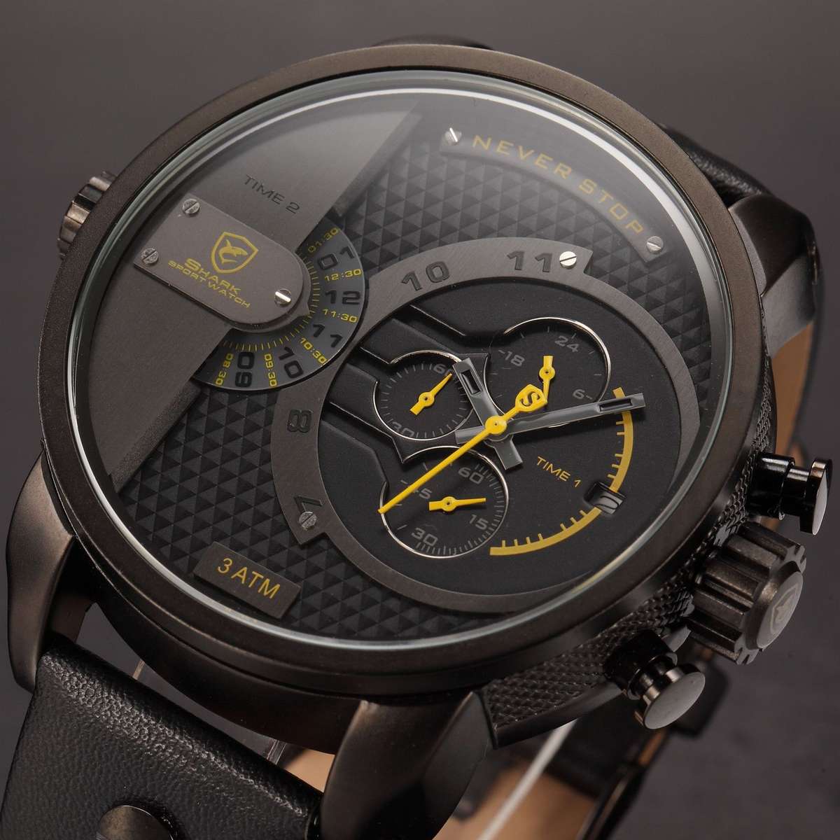 brand new!! SHARK "LITTLE GIANT" DUAL TIME CHRONOGRAPH WATCH W/ BOX, PAPERS, LOADED!!