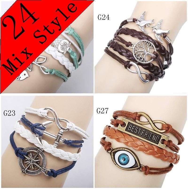 Infinity leather charm bracelets special, Choose your Design. Love Cross Bird Wishing Tree