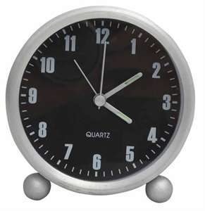 Aluminium and black table alarm clock with luminous hands