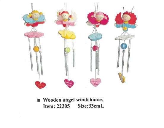 Wooden angel windchime - pink with white wings