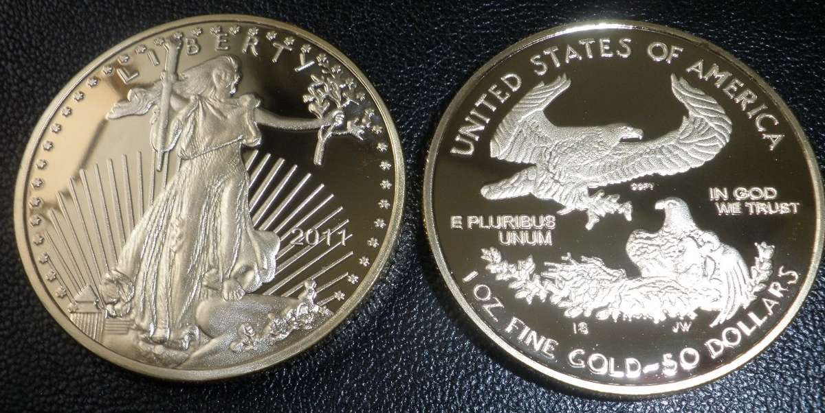 50 DOLLARS 2011 USA EAGLE GOLD PLATED COIN 1TR. OZ PROOF