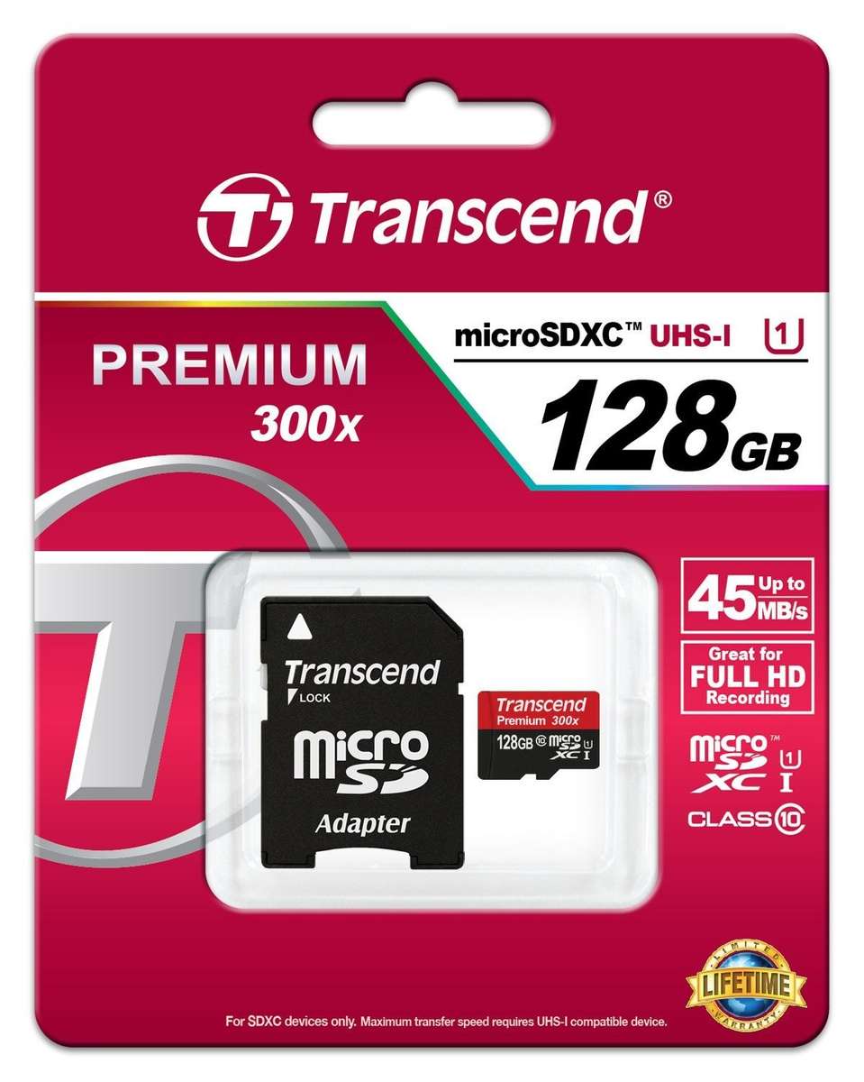 Transcend 128GB microSDXC Memory Card Premium 300x Class 10 UHS-I with microSD Adapter