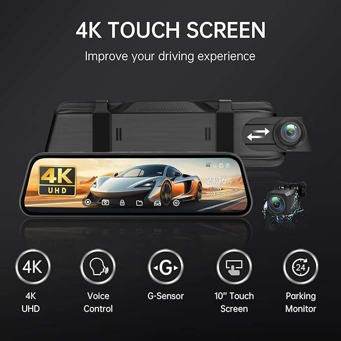 Rear View Mirror Camera 10 inch Dash Cam with 4K Rear and Voice Control  24H Parking Mode & Ni...