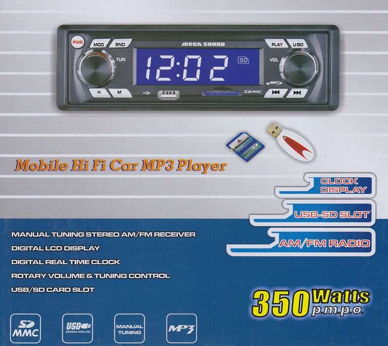 Mega Sound Car mp3 radio with USB/SD support