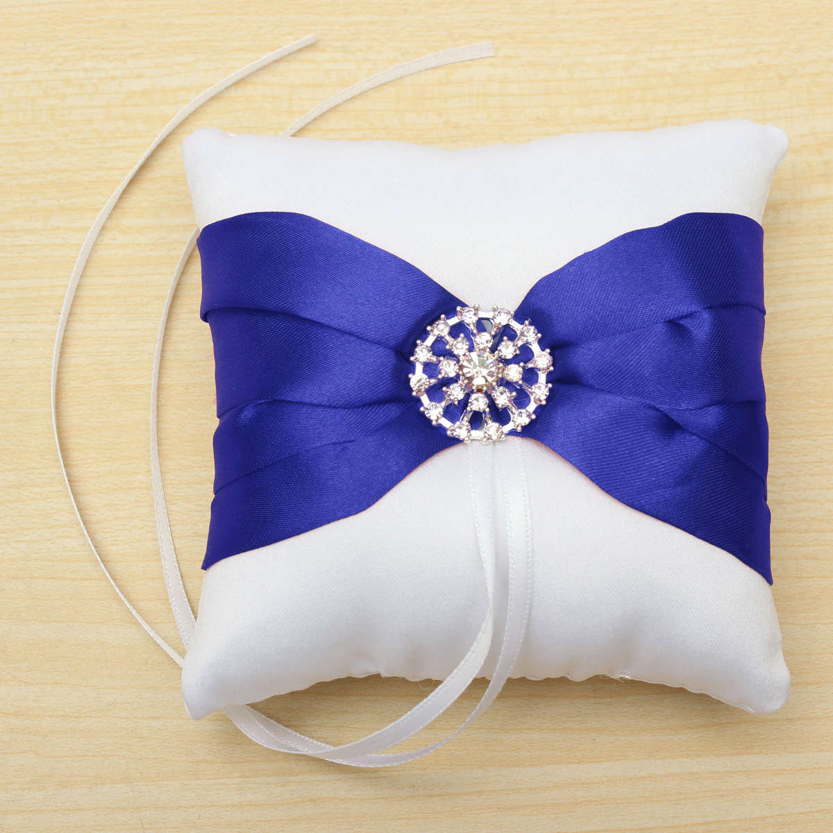 BRIDAL SPECIAL !! WHITE SATIN WITH BLUE SATIN RIBBON AND CRYSTAL RING BEARER CUSHION PILLOW
