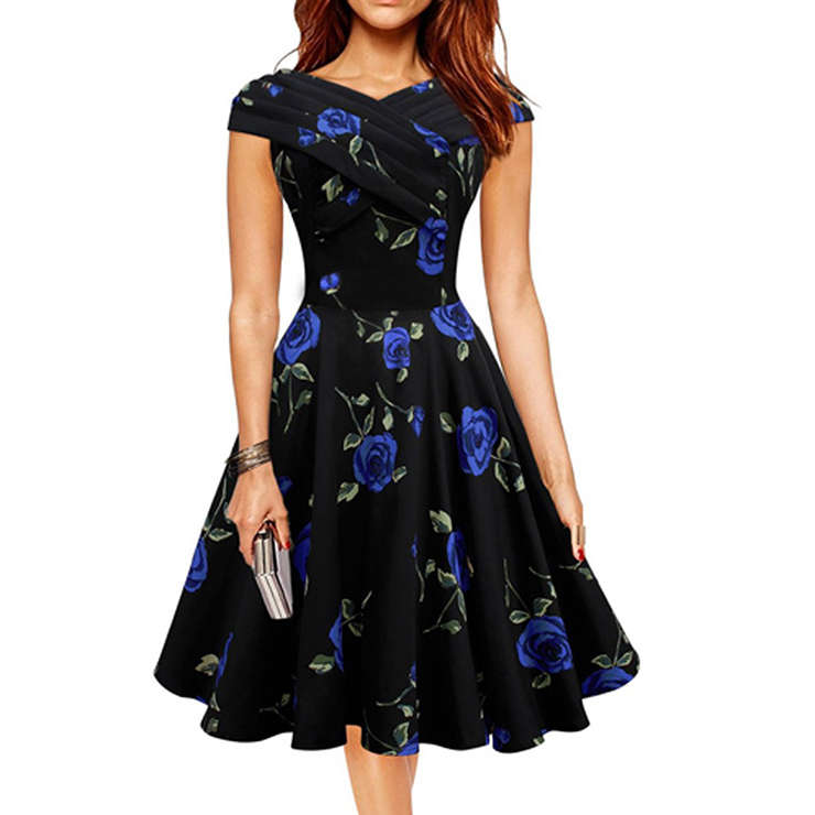 1950's Vintage Black Retro Rockabilly Rose Floral Print Casual Cocktail Party Dress